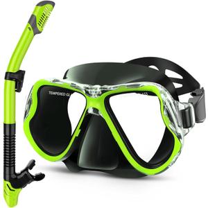 Greatever Dry Snorkel Set,Panoramic Wide View Anti-Fog Scuba Diving Mask,Professional Snorkeling Gear for Adults Kids (Small, Black Lime Green)