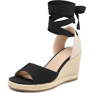 mysoft Women's Wedge Sandals Open Toe Espadrilles Platform Ankle Strap Lace Up Summer Shoes, Black US 8.5