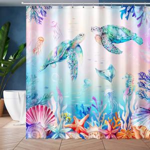 Colorful Sea Turtles Shower Curtain, Ocean Nautical Bathroom Shower Curtain Decorative Set, Waterproof Polyester Fabric Bath Curtain with 12 Hooks 72x72 inches