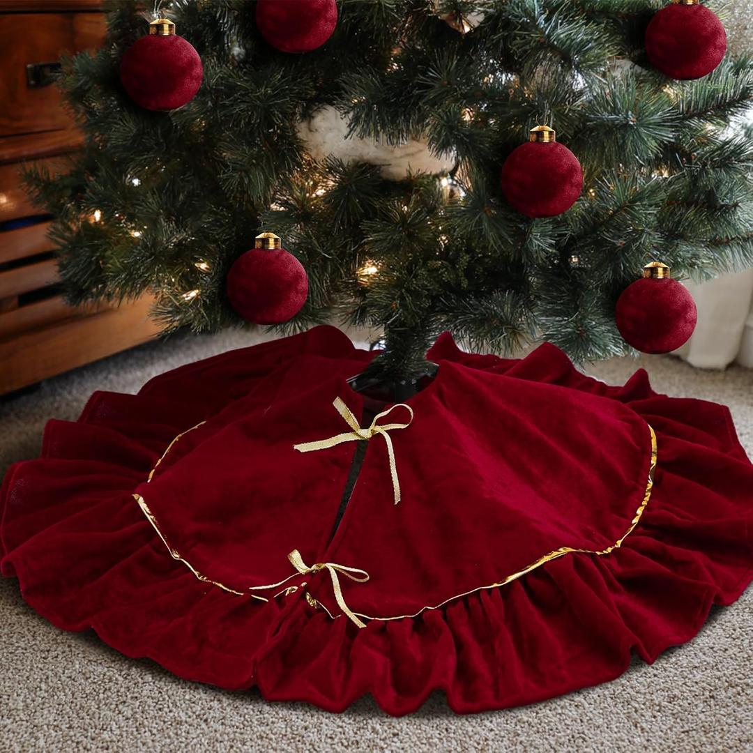 Vertintong Mini Christmas Tree Skirt Velvet Plush Tiny 30 Inch Dark Red Vintage Christmas Tree Skirts Luxury Miniature Farmhouse Xmas Decorations for Home Party Winter