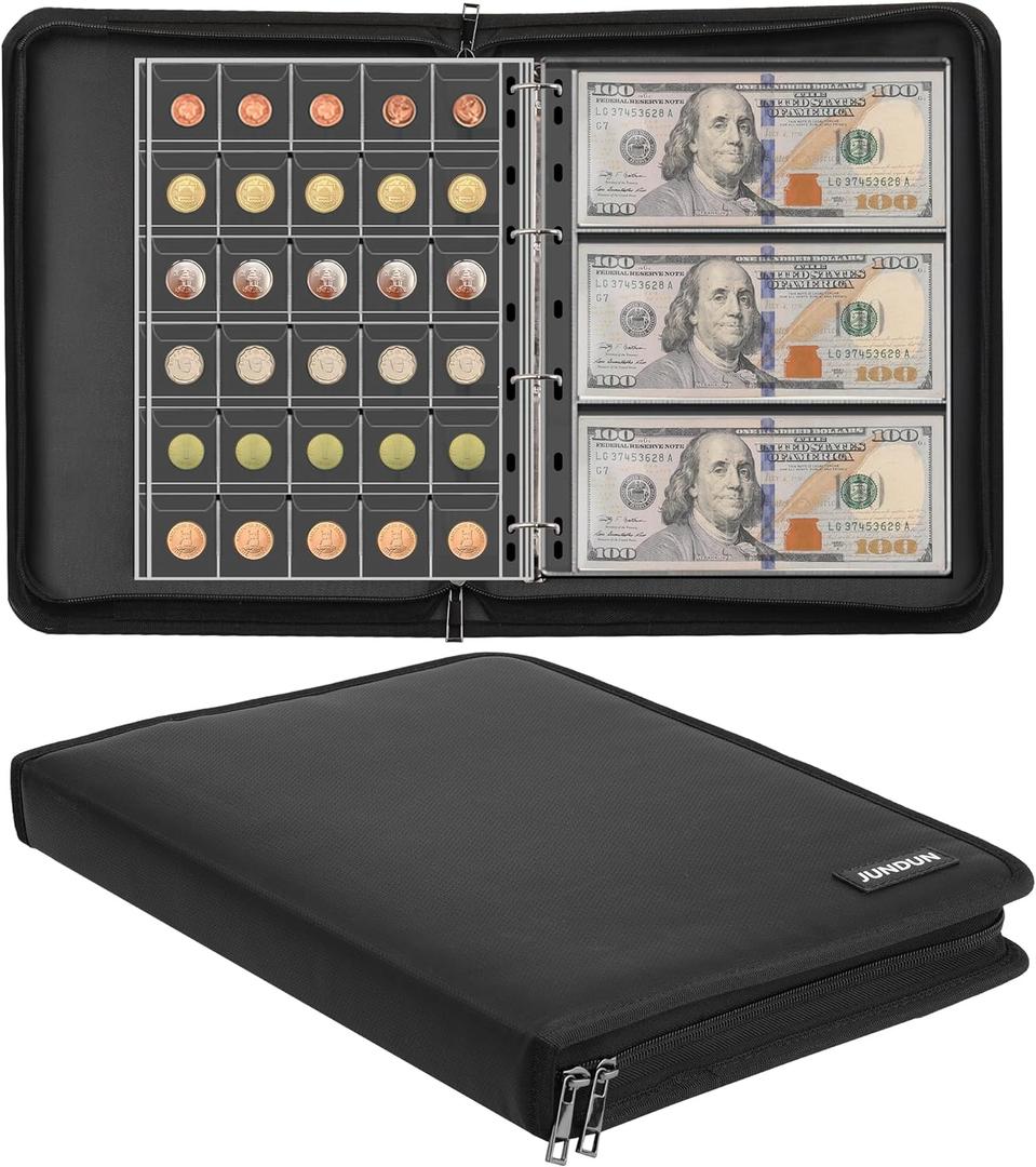 Fireproof Coin Collection Album for Collectors, 300 Pockets Coins Collecting Album & 36 Sleeves Money Storage Case for Coin Currency Collection Supplies, Bill, Pennies, Quarters, Stamp,F65C001B (Large, Black)