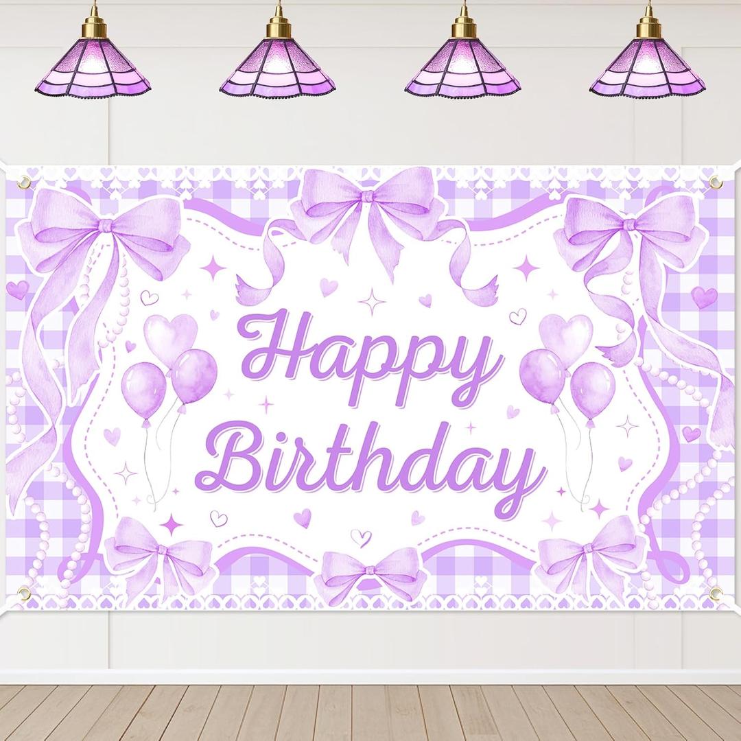 Mocsicka Purple Bow Coquette Birthday Decorations Happy Birthday Backdrop Bow Girls Bachelorette Party Decorations Photo Booth Props (Purple, 6x3.6ft)