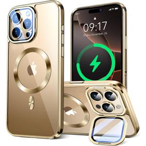 2 x for iPhone 16 Pro Max Case Compatible with Magsafe Accessories,Stash Stand 9H Lens Protection,Slim Phone Case Military-Grade Shock Anti Yellowing Transparent Case 6.9"-Gold