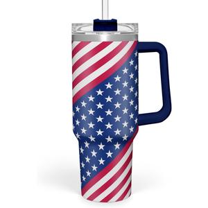 American Flag Tumbler with Handle, America Engraved 40oz Stainless Steel Insulated Coffee Mug with Lid & Straw, America Gifts for Men Women, USA Tumblers Cup Gift for Christmas
