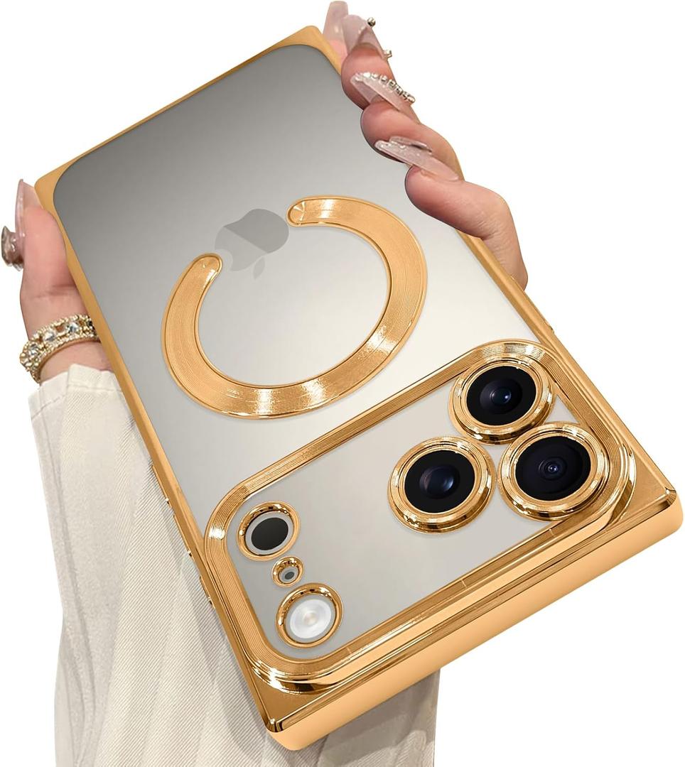OOK Magnetic Case Made for iPhone 17 Pro Max 6.9 Inch (Compatible with MagSafe) Clear Phone Cover with Screen Protector Soft TPU Anti-Scratch Shockproof Protective Case for Women Men - Gold