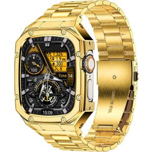 Stainless Steel Watch Band with Case Compatible with Apple Watch Ultra 2 1 band (49mm), Rugged Strap with Metal Protective Bumper Cover for iWatch Bands Men (Gold)