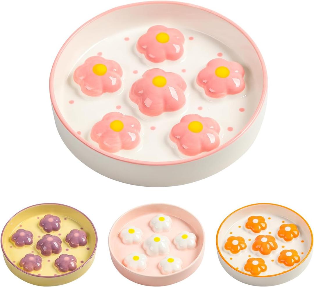 Ceramic Cat Slow Feeder Bowl - 6 OZ Puzzle Food Dish for Healthy Eating - Shallow Wide Whisker Friendly - Dishwasher Safe - 6.3 x 1.2 Inch - Blush Pink Flower