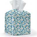 Tissue Box Cover, Tissue Box Holder, Square with Belt Bottom, PU Leather Decorative Organizer for Desk, Tabletop, Countertop Bathroom, Toilet Car, Bedside, Dresser Kitchen, Aesthetic Blue Flower Decor