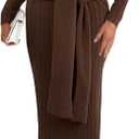 Saodimallsu Womens Long Sleeve Midi Sweater Dress Bodycon Mock Neck Ribbed Knit Tie Waist Fall Long Dresses (Large, Brown)