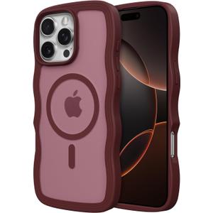 ZTOFERA for iPhone 16 Pro Max Phone Case Compatible with MagSafe, Curly Wave Frame & Matte Translucent Hard Back, Soft Silicone Bumper Shockproof Protective Magnetic Phone Cover-Wine Red