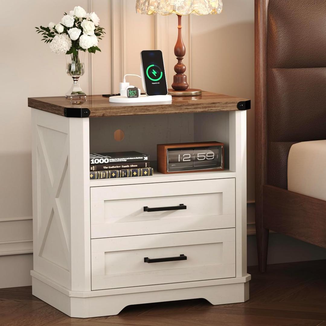 Yusong 23.62 Tall Farmhouse Nightstand, Rustic Wooden Night Stand with Charging Station, Beside Table with Drawers and Open Storage, End Tables for Bedroom, White