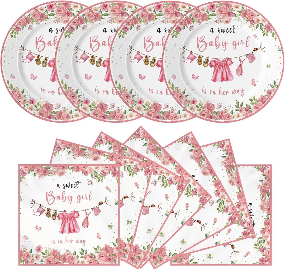 2 x 40pcs Greenery Gender Reveal Baby Shower Supplies Party Boho Greency Party Decorations Tableware Set Dessert Plates Napkins for 20 Guests (Pink)
