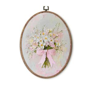 Vintage Pink Bow Floral Bouquet Oval Wall Art Framed, White Floral Oval Wall Decor, Vintage Flower Hanging Canvas Prints Wall Sculptures for Bedroom Living Room Decor, 8.5x11.5 Inch 2 pcs
