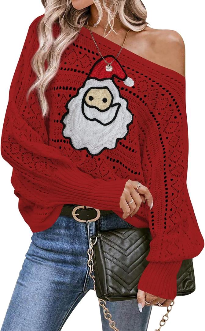 Cakulo Womens Off Shoulder Ugly Christmas Sweater Top Fall Outfits Fashion 2026 Oversized Knit Long Sleeve Crochet Sweaters