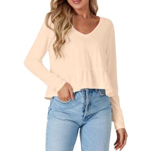Vrtige Women's V Neck Long Sleeve Peplum Babydoll Blouse Shirt Crop Top Ruffle Hem (Beige, XS)