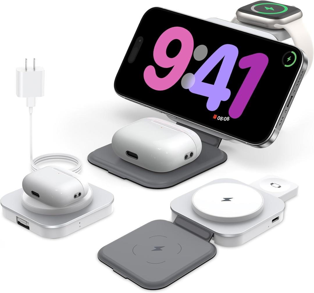 Upgraded 3 in 1 Wireless Charger for MagSafe, Magnetic Foldable Travel Fast Charging Station Pad Compatible with Apple Watch/Ultra (5W) iPhone 16/15/14/13/12 & AirPods Pro/4/3/2 (with Adapter)
