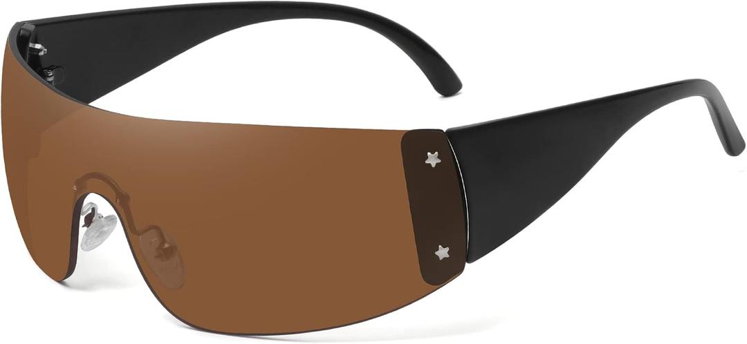 Trendy Rimless Star Y2K Sunglasses for Women Men Shield Oversized Wrap Around Frameless Sunglasses UV400 Protective (Brown)