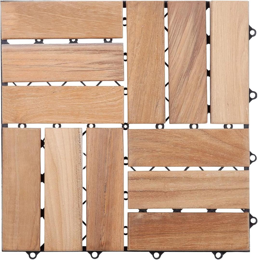 Nordic Style Teak Wood Interlocking Tiles - Wooden Tile Floor Set for Indoor and Outdoor Use - Perfect for Sauna, Patio, Deck, Spa Floors - 10 Square Feet (12" x 12" - 12 Slat Design, Natural Finish)
