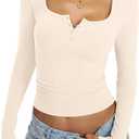 Womens Cotton Long Sleeve Henley Shirts Sexy Square Neck Tops Slim Fit T-Shirt Trendy Outfits Fall Clothes 2025 (Small)