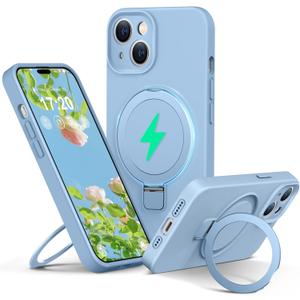 Liquid Silicone Case for iPhone 15 with Magnetic Ring Stand, Upgraded Camera Lens Protection, Mil-Grade Drop Shockproof, Anti-Scratch Microfiber Lining Silicone Case (Azure Blue)