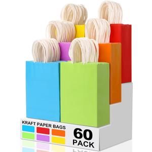 XPCARE 60Pcs Paper Gift Bags, 6.3"x3.15"x8.66" Kraft Paper Party Favor Bags Bulk Rainbow Goodie Bag Small Gift Bag with Handles for Kids Birthday Baby Shower Crafts Wedding Party Supplies (6 Colors)