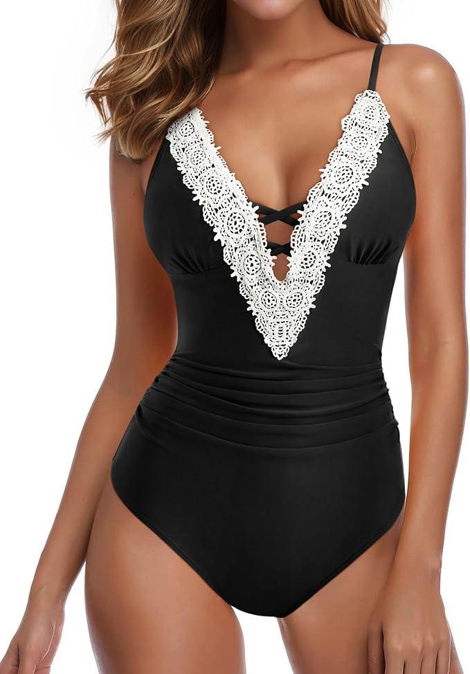SUUKSESS Women Sexy Lace V Neck One Piece Swimsuit Tummy Control Bathing Suit (Small, 64 Black)
