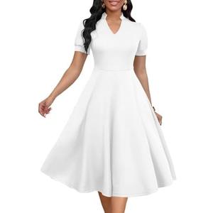 MarryUP White Dress Women Vintage Puff Sleeve V Neck Casual Semi-Formal Cocktail Party A-Line Swing Church Dress White L