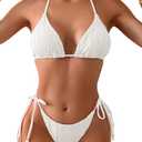 Tainehs Ribbed Two Piece Bikini Sets for Women Sexy Halter Triangle Top Swimsuit String Thong Bathing Suit (Medium, White)