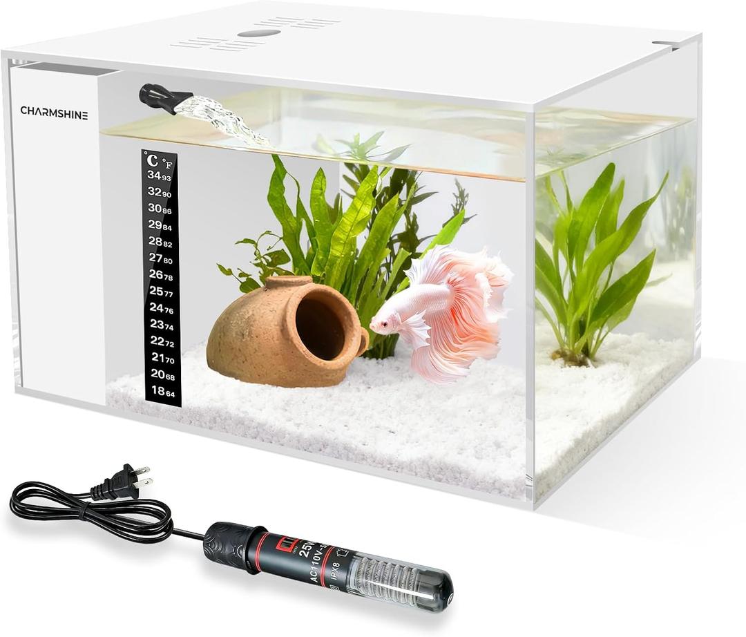 Fish Tank Betta 2.5 Gallon Desktop Small Beta Fish Aquarium Starter Kit with 25W Heater LED Light and Mini Water Pump & Filter Media Compact Aquarium for Betta Fish, Shrimp(White)