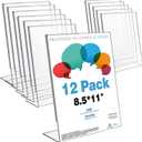 T-SIGN Acrylic Sign Holder 8.5 x 11 Inches, Slant Back Clear Table Top Display Plastic Stand, Double Sided, Display Stand, Acrylic Frame for Store, Homes, Restaurants, Offices - Vertical (Pack of 12)