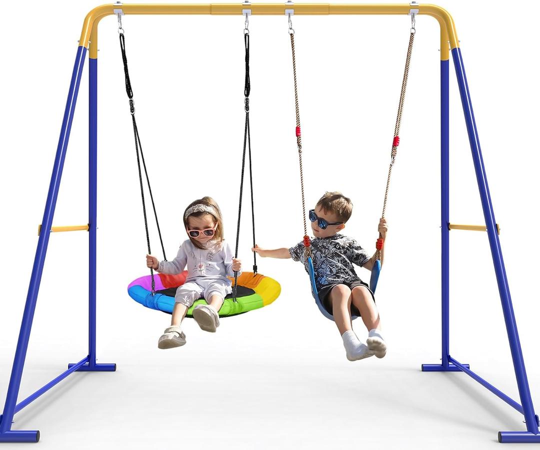 Swing Sets for Backyard, Toddler Swing Set with 2 Seat 1 Saucer & 1 Belt Seat, 440lbs Heavy-Duty Swing Frame w/8 Ground Stakes, A Frame Outdoor Swingset for Kids and Adults for Backyard (Blue)