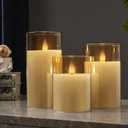 CozierGlow Glass Flameless Pillar Candles Flickering with Remote Timer, Battery Operated LED 3D Moving Flame Real Wax Candles,Remote Included (Champagne)