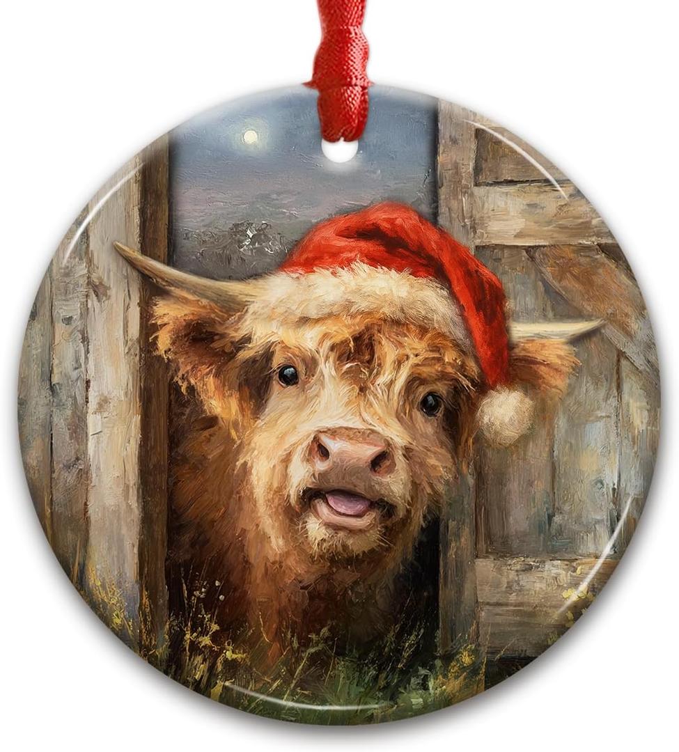 2 x Highland Cow Christmas Ornament 2025 - Cute Farm Animal Peeking with Santa Hat Decoration - Rustic Farmhouse Cattle Decor, Gifts for Cow Lovers, Women, Kids, Family