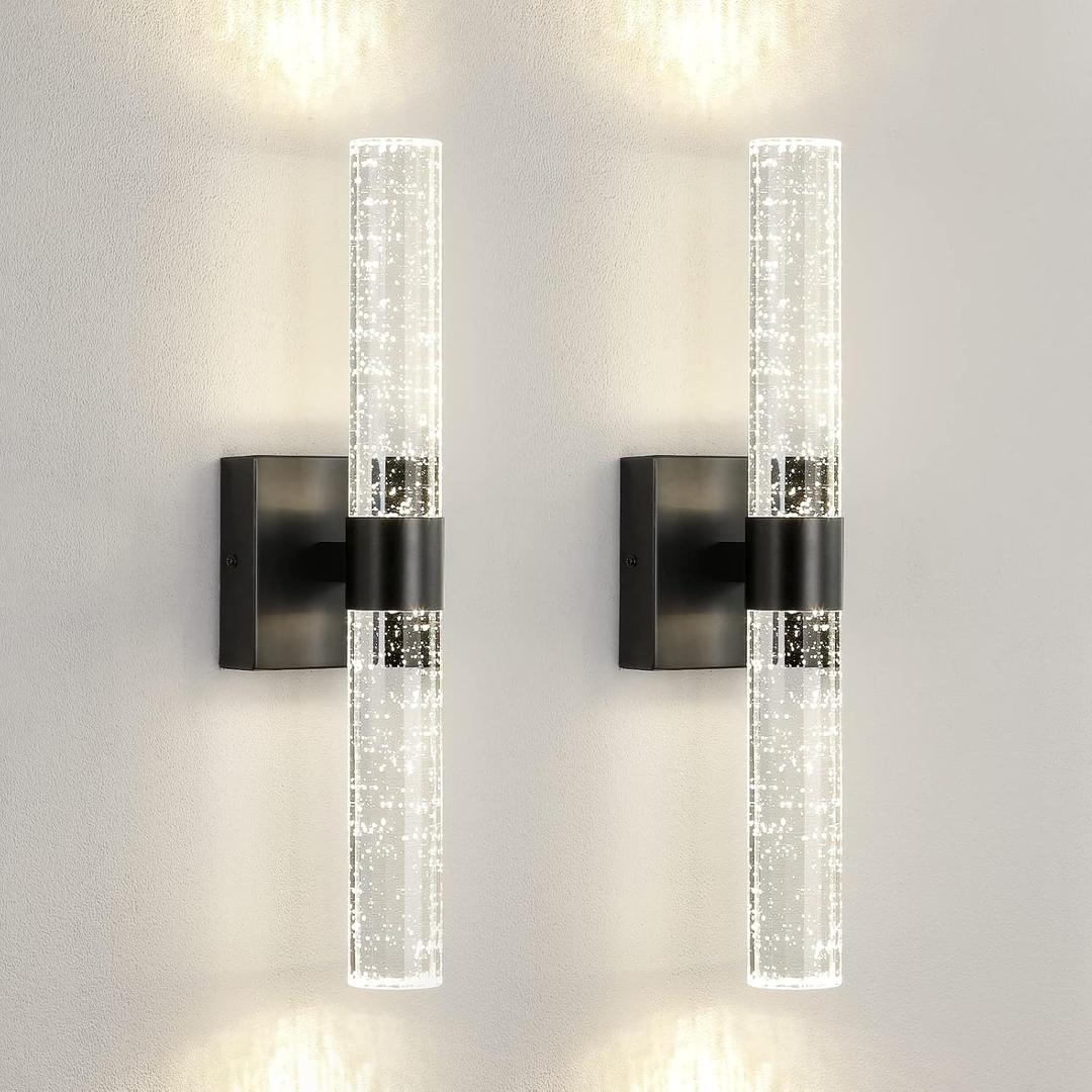 Black Modern LED Wall Sconce - 18 Inch Wall Sconces Set of Two 4000K Dimmable Crystal Sconce Wall Lighting Indoor Wall Mount Bathroom Vanity Light Fixtures for Bedroom Living Room, 12W (2-PACK (Hardwired))