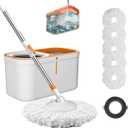 Floor Spin Mop and Bucket Set with Wringer System Extended Stainless Steel Handle 61for Home Floor Cleaning Use with 5 Replacement Head Refill and 1 Cleaning Brush Head
