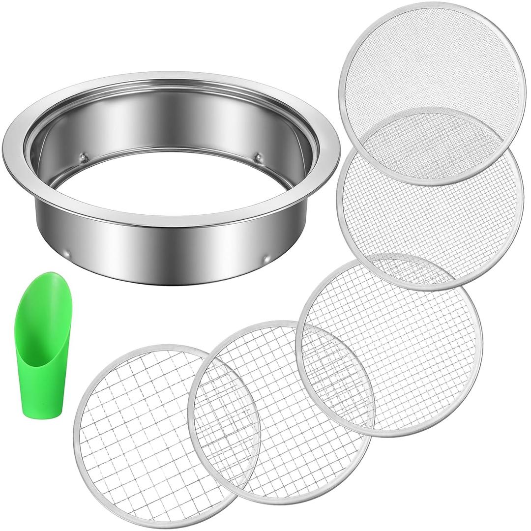 Stainless Steel Soil Sifter for Gardening, Sand Sifter Tool with Interchangeable Mesh Screens(1,3,6,9,12mm) and Scoop Shovel, Bonsai Soils Scoops Set, Garden Sieve Soils Sifters for Gravel
