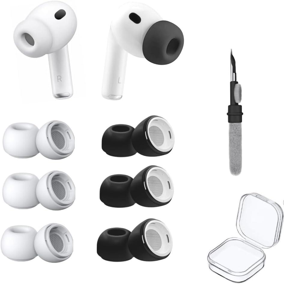 6 Pair Ear Tips for AirPods Pro 3,Anti Slip Airpods Pro Replacement Ear Tips, Silicon EarbudsTips Accessories with Cleaning Kit Storage Box White&Black (12) (Black+White)