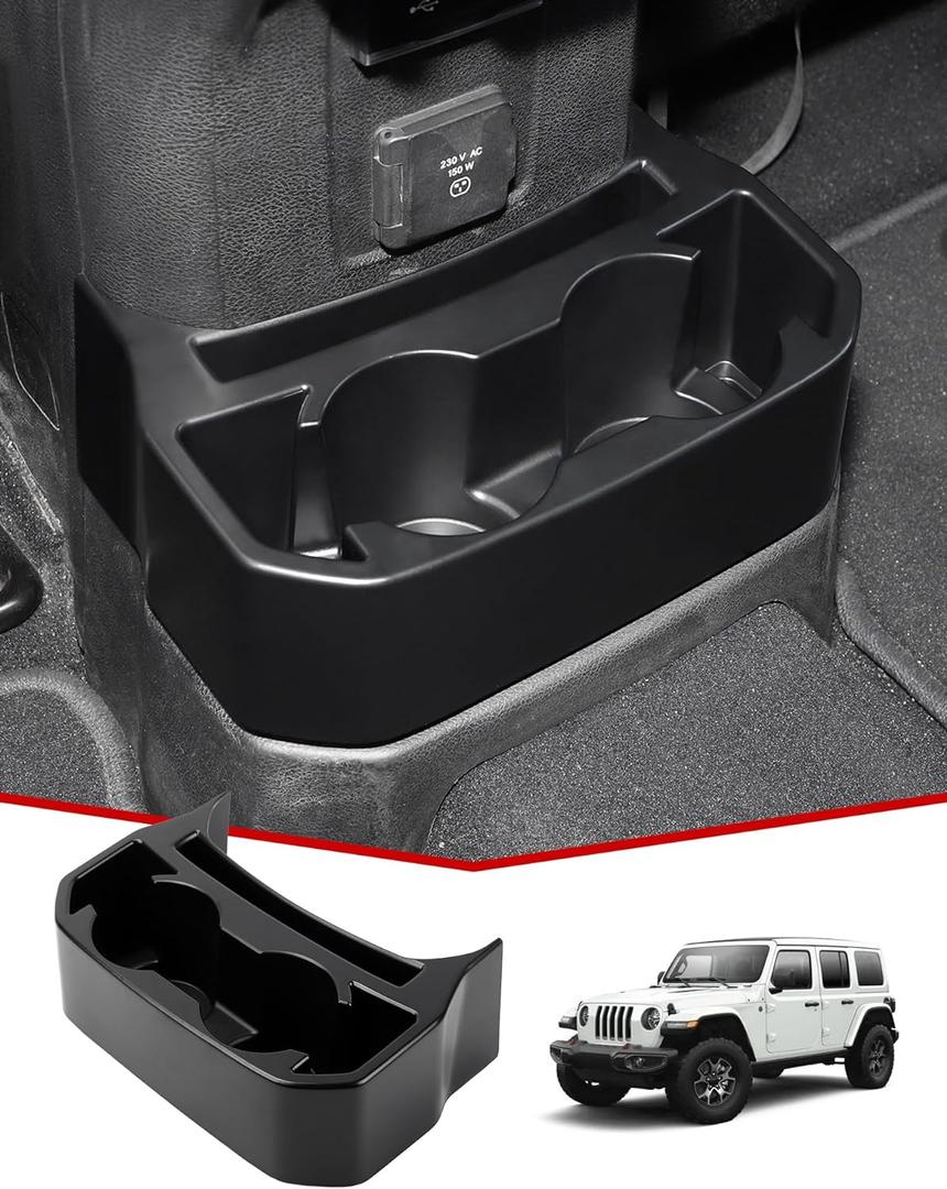 JeCar Backseat Cup Holder Floor Console Mounted Drink Holder Rear Storage Organizer Interior Accessories Compatible with Jeep Wrangler 2018-2023 JL JLU & JT Truck