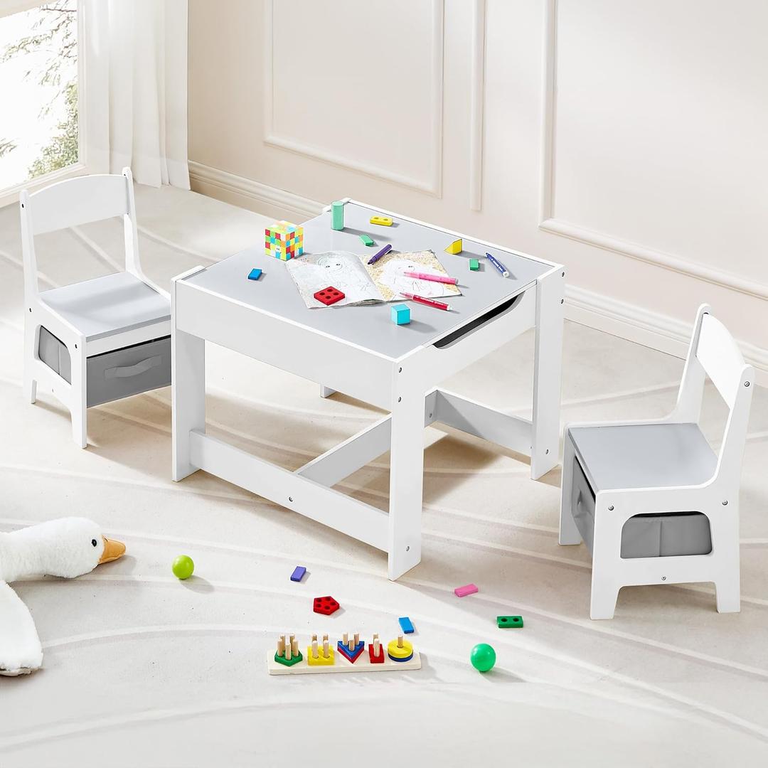 Kids Table and Chair Set, 3 in 1 Wooden Activity Table with Detachable Tabletop, Toddler Table and Chair Set with Storage Drawer, Kids Play Table for Children Art, Craft, Eating, Learning (Dark Gray)