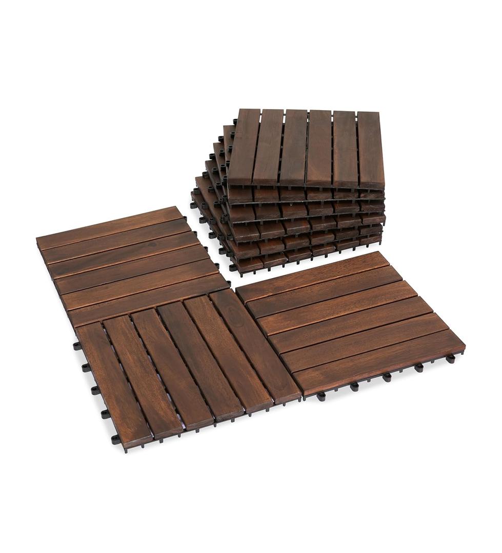 VICTORY RELAX Natural Acacia 12x12 Interlocking Wood Deck Tiles for Balcony, Garden, Patio, Poolside Decor - Waterproof Indoor & Outdoor Flooring - 6 Slats, Round Joints, Pack of 9, Brown Color (9 Pcs - 8.7 Square Ft)