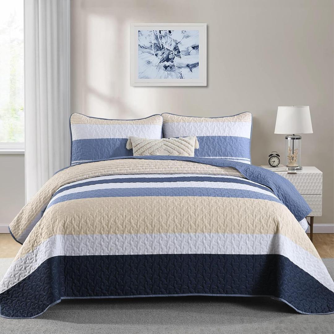 Dinjoy Blue King Size Quilt Set,Boho Summer Bedspread Beige Striped Lightweight Bedding Set Micofiber 3 Pieces Coverlet Quilts Farmhouse Patchwork Bed Set for Men Boys
