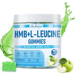 HMB and L-Leucine Gummies, 3000mg, with Trehalose, for Muscle Growth, Muscle Relief and Workout Recovery, for Adults & Elder, Vegan, Gluten Free, Apple Flavor, 120