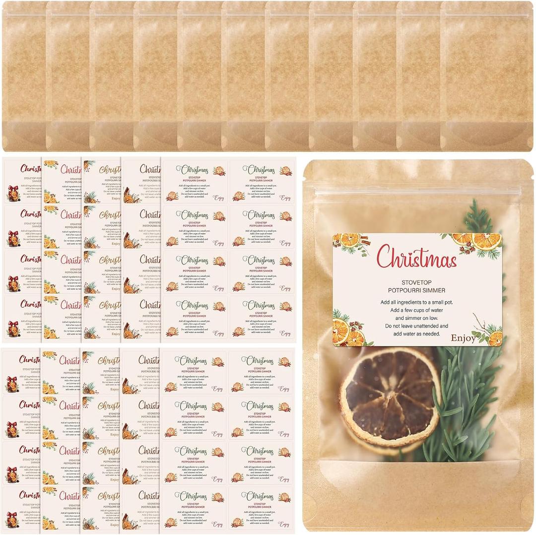 Yexiya 70 Pcs Christmas Stovetop Potpourri Kraft Paper Bags Kit 30 Bakery Bags with Window 40 Large Holiday Stovetop Potpourri Stickers Holiday Simmer DIY Crafting Gift Kit for Home Xmas Party Gift