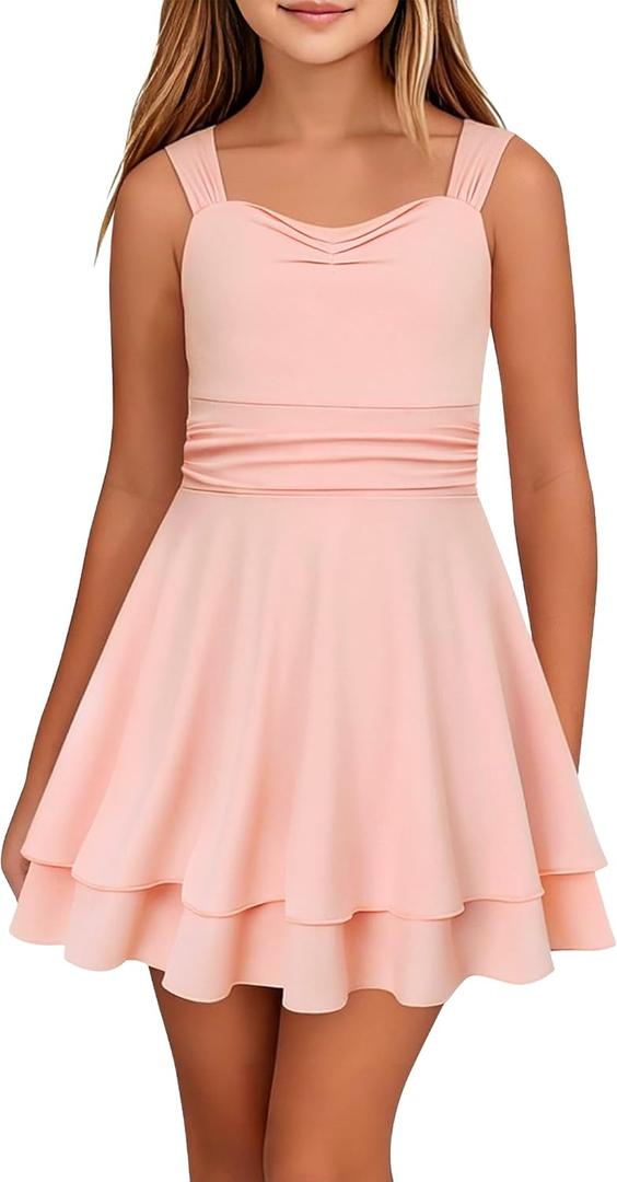 Coedody Tween Girls Sleeveless Summer Dress Kid Casual Beach Mini Loose Athletic Dresses (Pink, 11-12 Years)