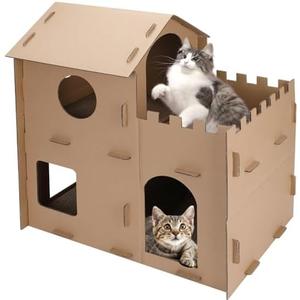 Cardboard Cat House for Indoor Cats, Multi-Level Scratcher Condo with Corrugated Scratch Pads, Hideout Bed for Large Cats, Rabbits, Small Pets, 20.6x13.3x19.8 inches