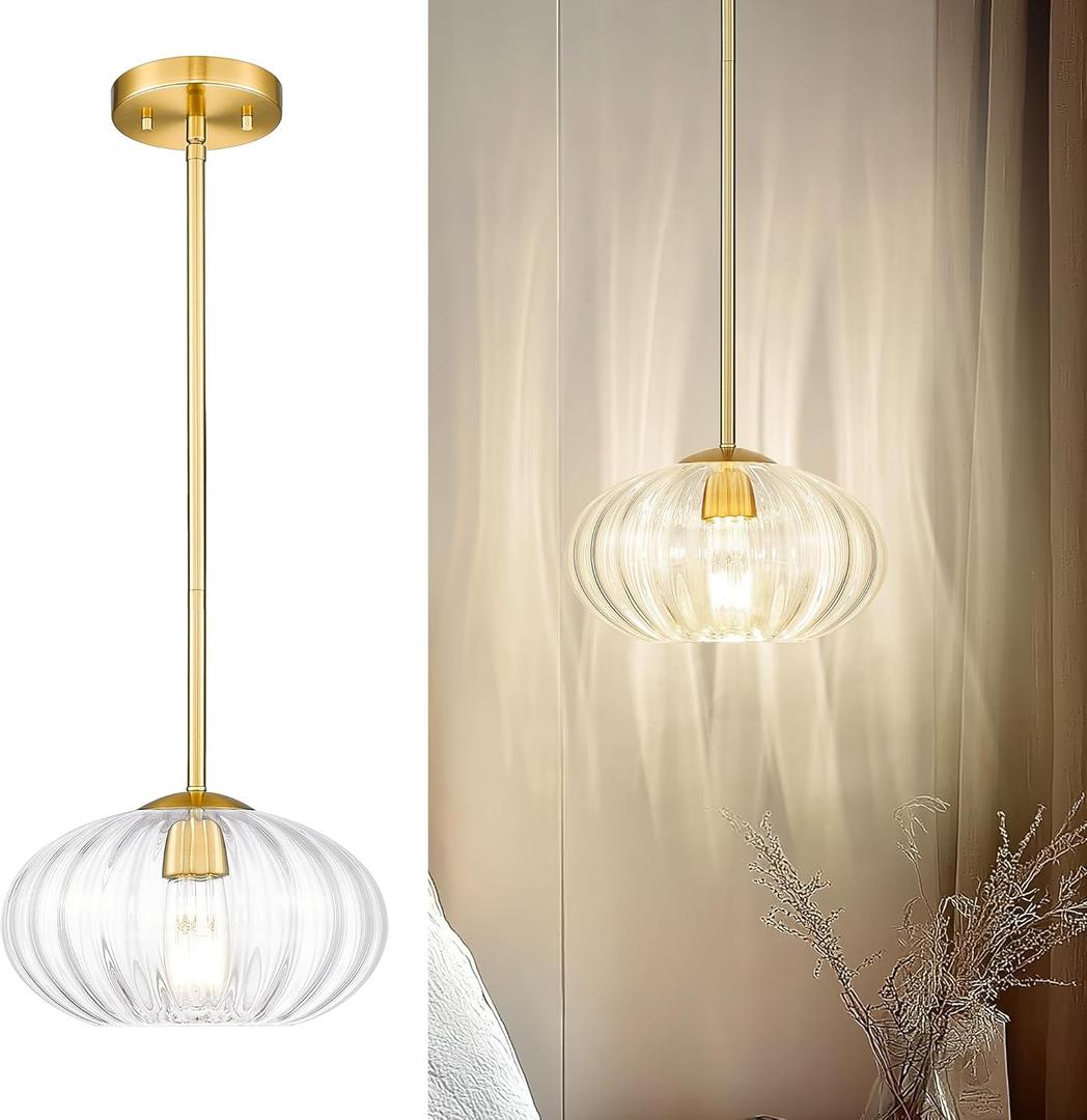 FEMILA Pendant Light for Kitchen Island, 10.3" Brushed Gold Pendant Lighting, Dome Glass Pendant Light Vintage Light Fixtures for Bedroom Hotel Dining Room, 4FYD85MIL BG