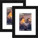 8x10 Picture Frame Set of 2 - Wood Frame with Real Glass, Display 5x7 with Mat or 8x10 without Mat, Photo Frame for Wall or Tabletop Display (Matte Black)
