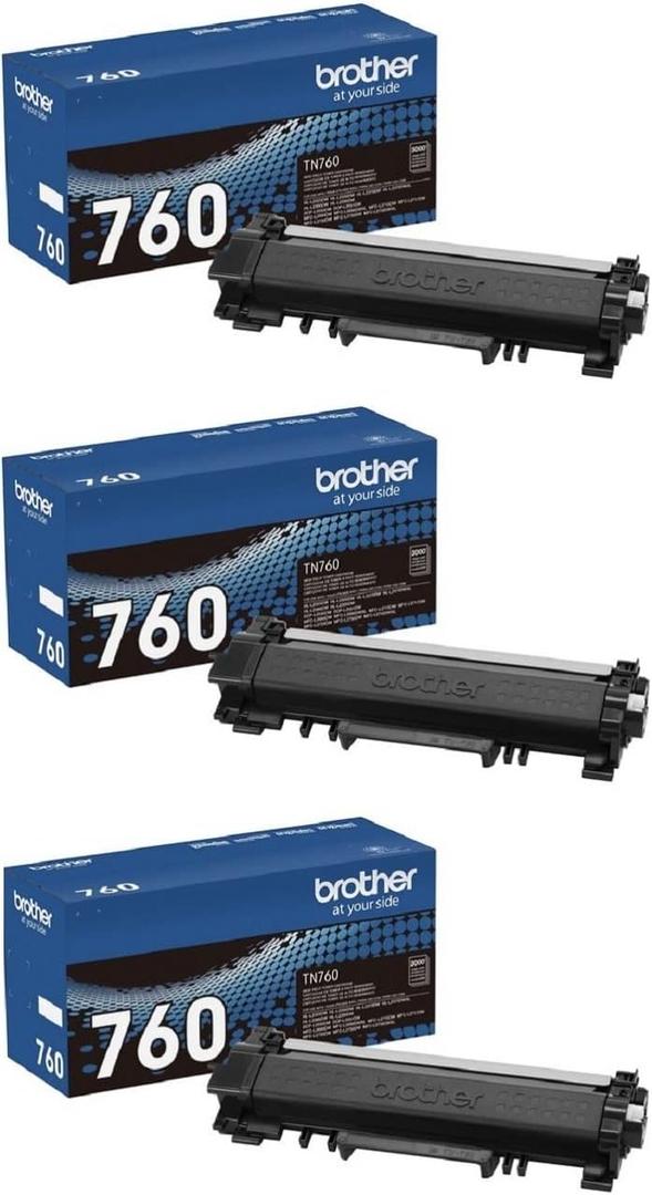 Brother Genuine TN760 3-Pack High Yield Black Toner Cartridge with approximately 3,000 page yield/cartridge