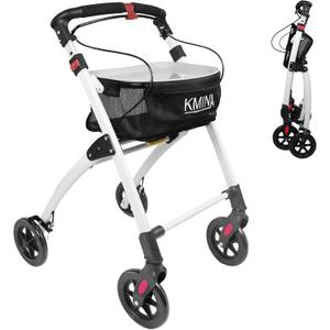 KMINA Narrow Walker for Small Spaces, Foldable Walker with Tray and Basket, 4 Wheels and Brakes, Lightweight Indoor Rollator for Seniors, Black, PRO Model