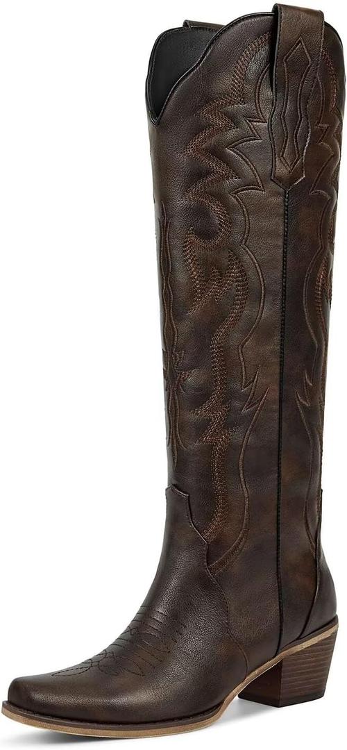 wetkiss Dark Brown Cowboy Boots for Women Knee High Womens Cowgirl Western Tall Boots with Classic Retro Embroidered Chunky Heel Slip On Pointed Toe Women's Country Long Boot for Ladies Party, Size 8